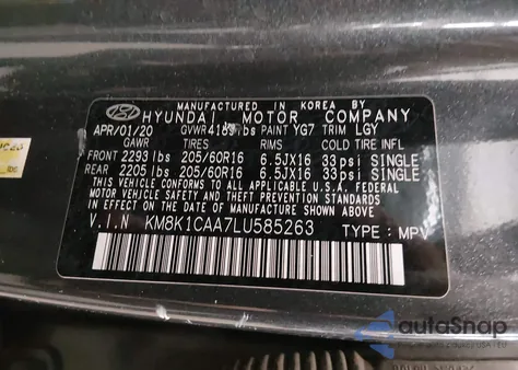 2020 Hyundai Kona Se from USA, damaged, VIN KM8K1CAA7LU585263